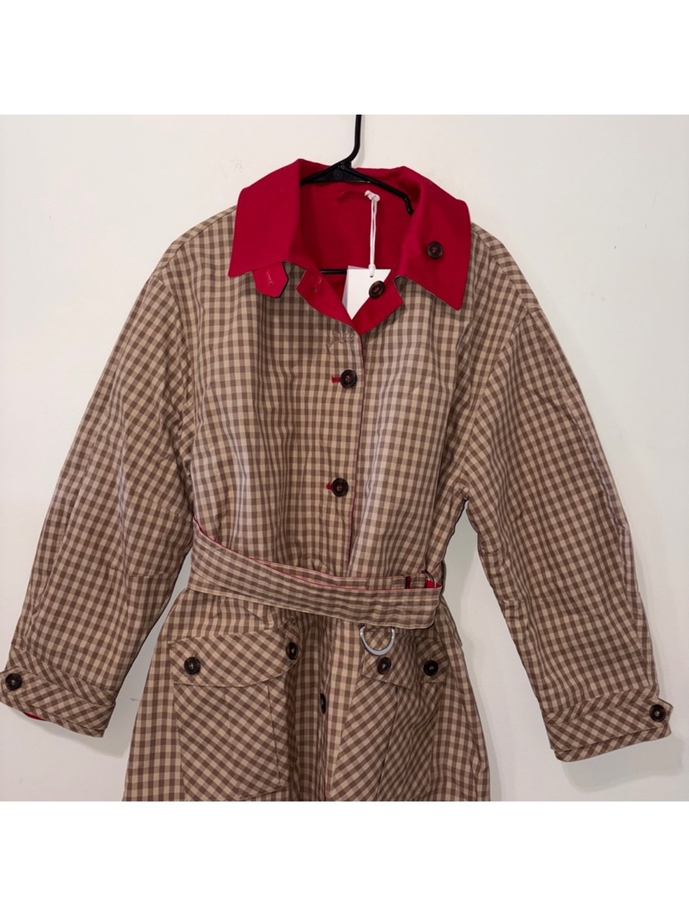 Damson Madder Reversible Red and Tan Check Women's Trench Coat oversized - Picture 12 of 16